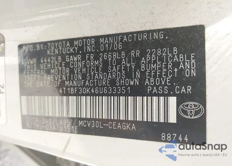 2006 Toyota Camry Xle V6 z USA, uszkodzony, nr VIN 4T1BF30K46U633351